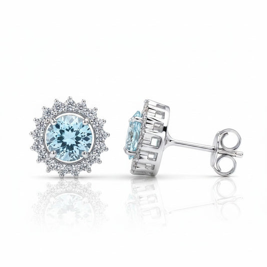 GEMHUB & CO. 10 Ct aqua sky aquamarine round cut halo stud earrings in 925 sterling silver.