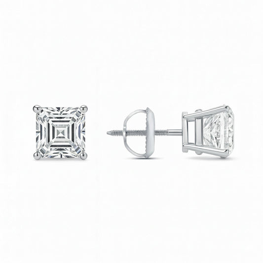 GEMHUB & CO. Asscher cut lab-created diamond stud earrings in 14K white gold with screw backs, 3 ctw.