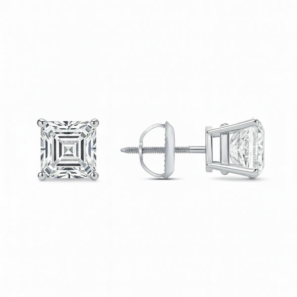 GEMHUB & CO. Asscher cut lab-created diamond stud earrings in 950 platinum with screw backs, 1 ct total weight.
