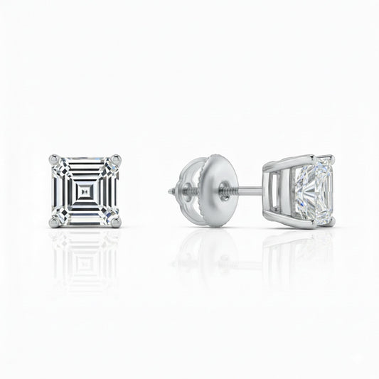 GEMHUB & CO. 3 Ct Asscher cut lab-created diamond stud earrings in 950 platinum with screw backs.