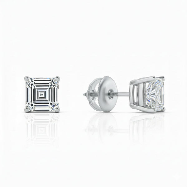 GEMHUB & CO. 14K white gold asscher cut lab-created diamond stud earrings, 3 ct total weight, screw back closure.