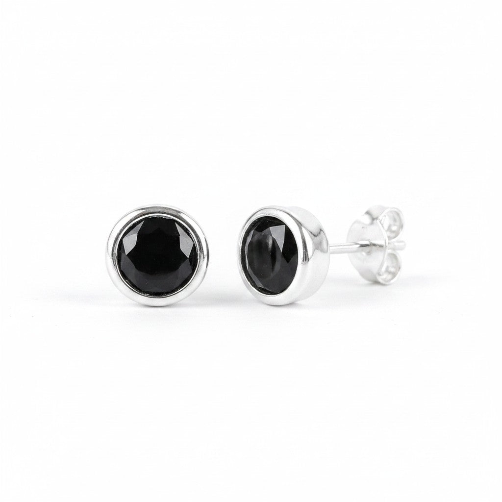 GEMHUB & CO. 10 Ct black agate round cut stud earrings in 925 sterling silver.