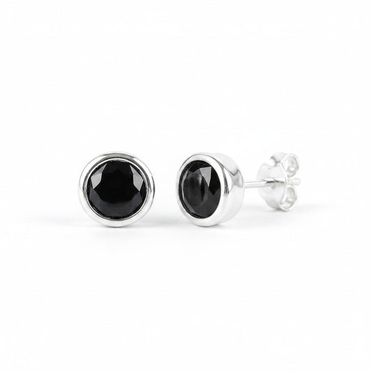 GEMHUB & CO. 10 Ct black agate round cut stud earrings in 925 sterling silver.