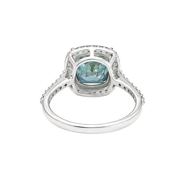 GEMHUB & CO. 5.00 Ct cushion cut blue lab grown diamond ring with VS1 clarity, set in 18k gold vermeil with pavé band.