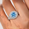 GEMHUB & CO. 3.50 Ct round cut blue lab grown diamond ring with halo and intricate filigree band, 18k gold vermeil.