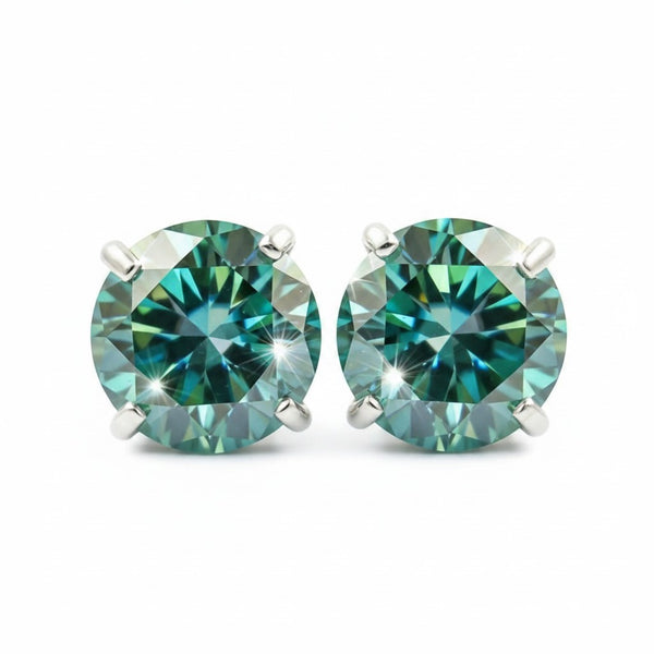 GEMHUB & CO. 7 Ct round cut blue moissanite stud earrings in 18K gold vermeil over 925 sterling silver.