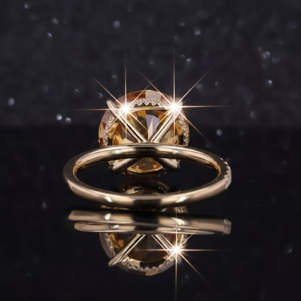GEMHUB & CO. 10.50 Ct round cut champagne moissanite ring in gold vermeil with pavé band.