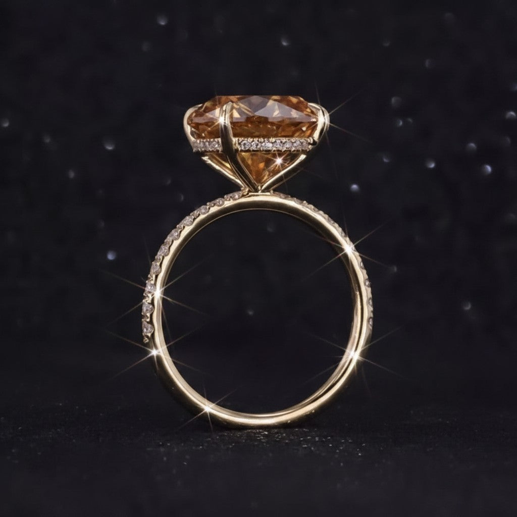 GEMHUB & CO. 10.50 Ct round cut champagne moissanite ring with pave diamond band in gold vermeil.