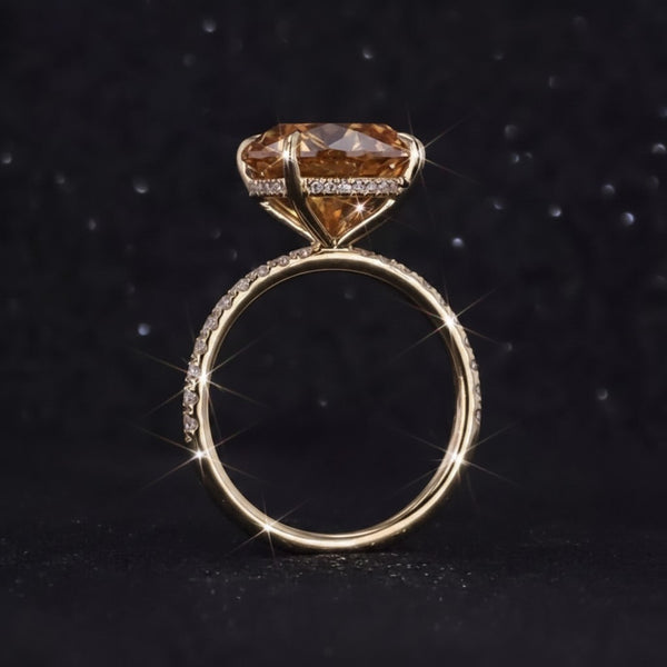 GEMHUB & CO. 10.50 Ct round cut champagne moissanite ring with pave diamond band in gold vermeil.