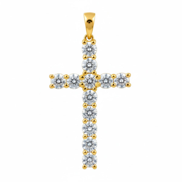 GEMHUB & CO. 3 Ct round cut lab grown diamond cross pendant in 18k yellow gold vermeil with VS1 clarity.