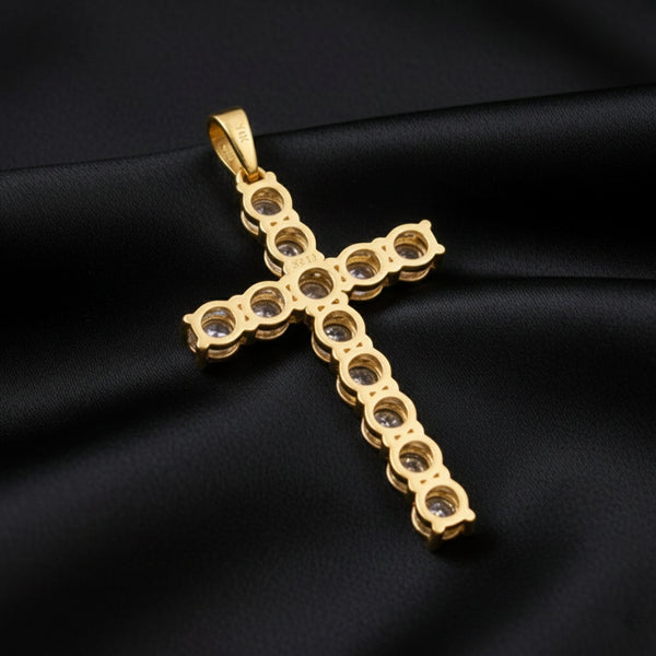 GEMHUB & CO. 3 Ct round cut lab grown diamond cross pendant in 18k yellow gold vermeil with VS1 clarity.
