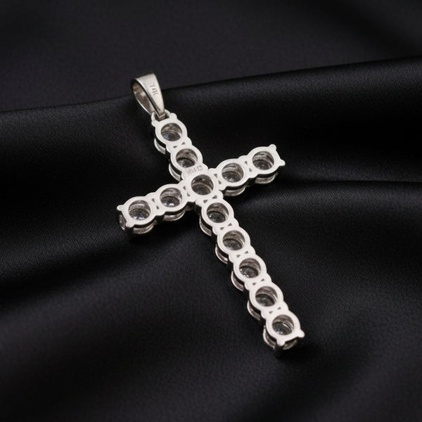 GEMHUB & CO. 3 Ct round cut lab grown diamond cross pendant in 18k white gold vermeil with VS1 clarity.