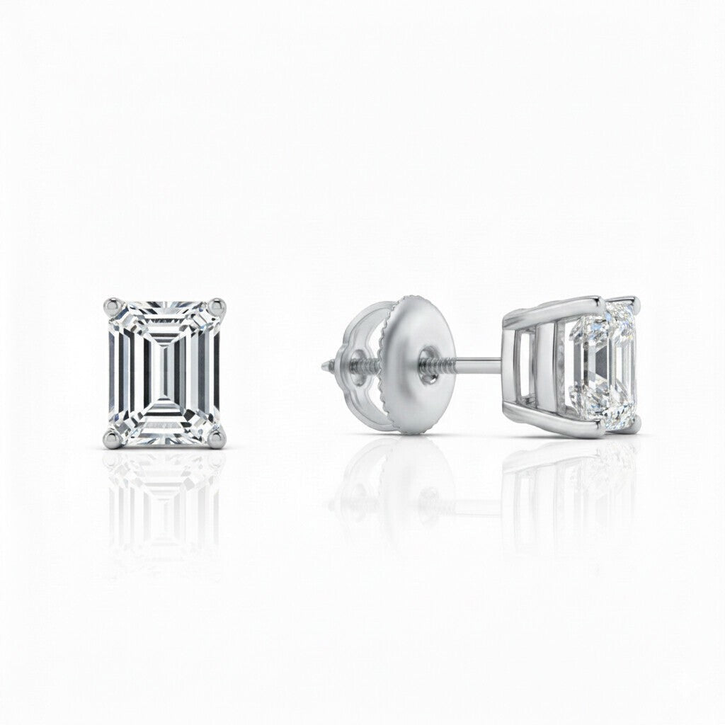 GEMHUB & CO. 14K white gold emerald-cut lab-grown diamond stud earrings, 3 ct total weight, F/VS clarity, screw back closure.