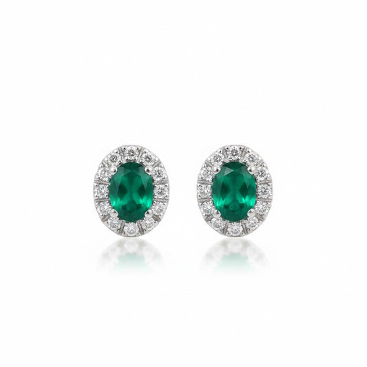 GEMHUB & CO. 10 Ct oval emerald halo stud earrings in 925 sterling silver with white diamond accents.