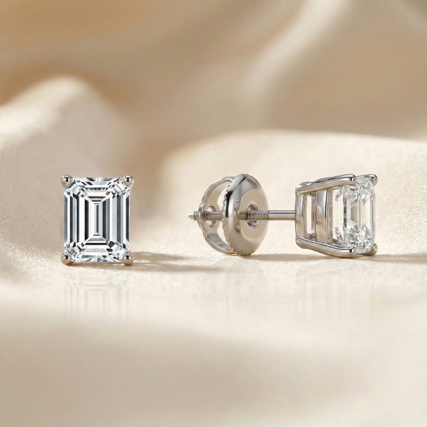 GEMHUB & CO. 3 Ct Emerald Lab Created Diamond Earrings in 14K White Gold with screw backs. IGI certified.