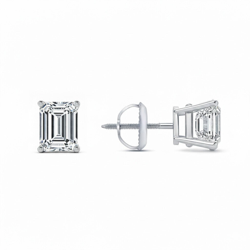 GEMHUB & CO. 3 Ct Emerald Lab Created Diamond Earrings in 14K White Gold with screw backs. IGI certified.