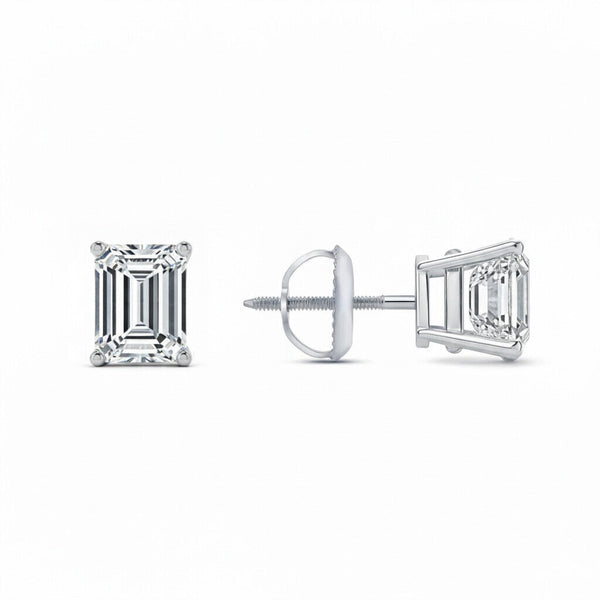 GEMHUB & CO. 3 Ct Emerald Lab Created Diamond Earrings in 14K White Gold with screw backs. IGI certified.