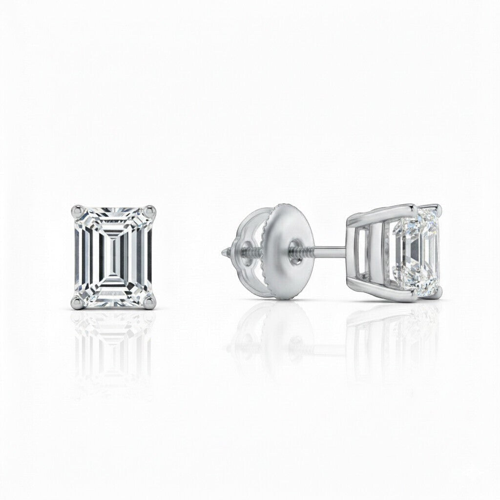 GEMHUB & CO. 3 Ct Emerald Lab Created Diamond Stud Earrings in 950 Platinum with screw backs. IGI certified.