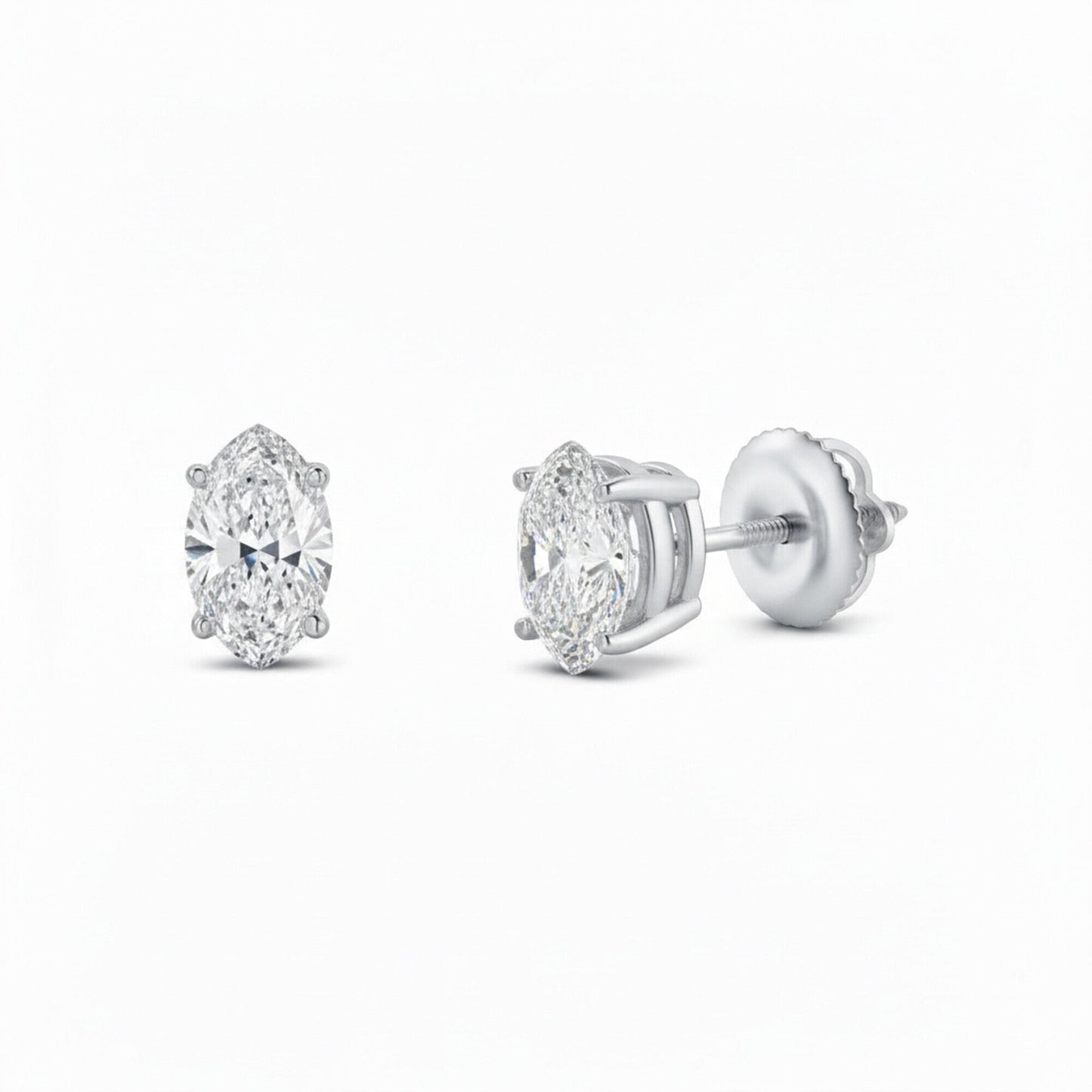 GEMHUB & CO. 1 Ct Marquise Lab Created Diamond Earrings in 950 Platinum with screw backs. F/VS clarity.