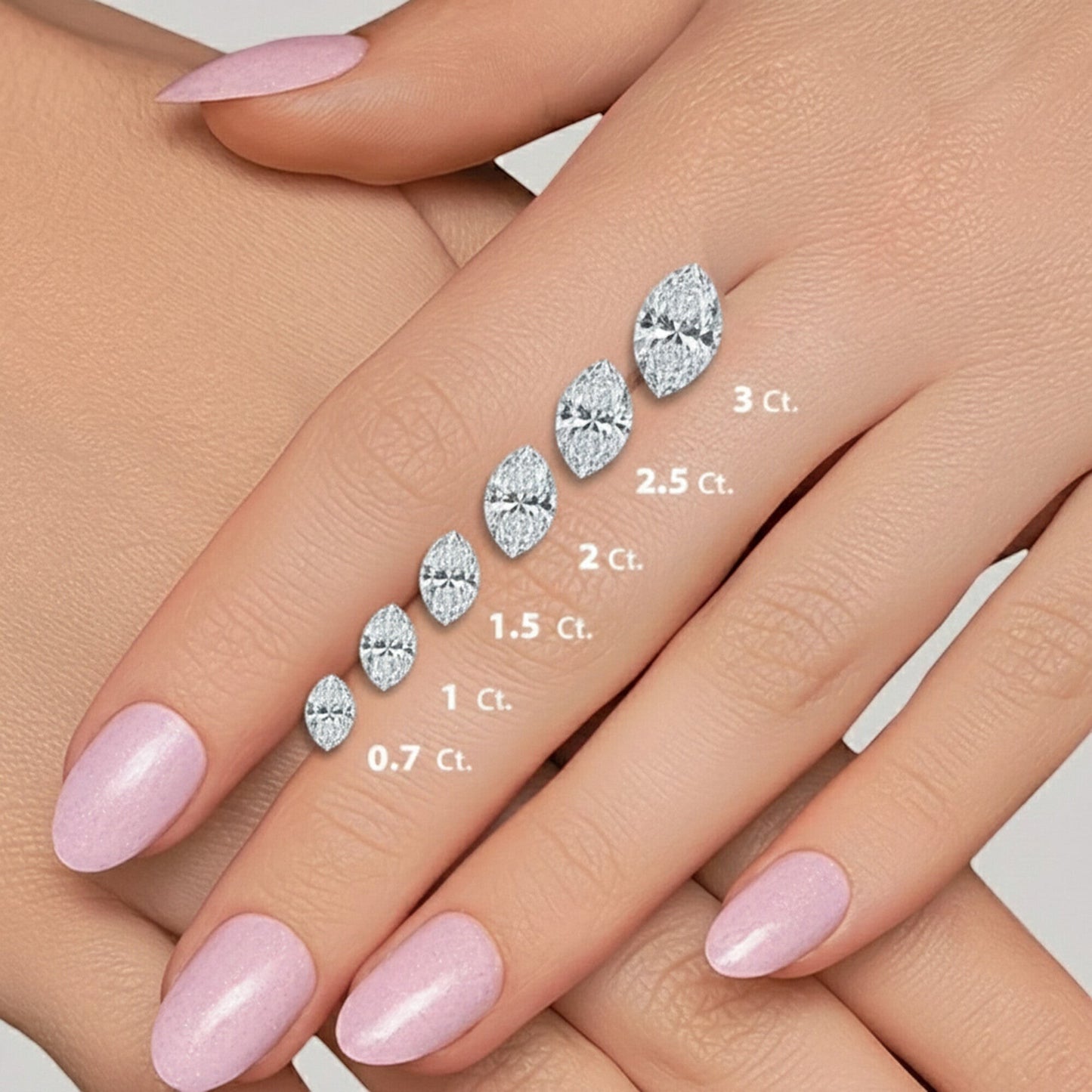 GEMHUB & CO. 1 Ct Marquise Lab Created Diamond Earrings in 950 Platinum with screw backs, shown on a hand for size comparison.