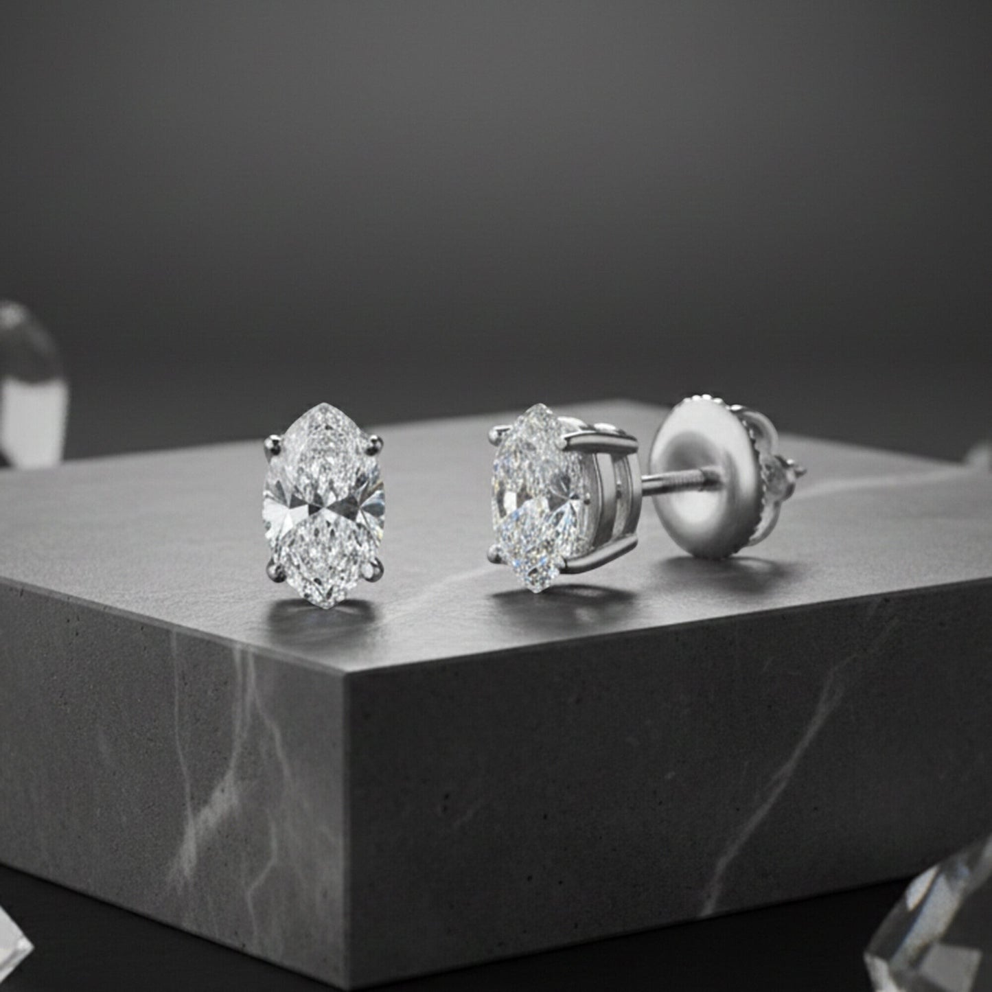 GEMHUB & CO. 1 Ct Marquise Lab Created Diamond Earrings in 950 Platinum with screw backs. IGI certified.