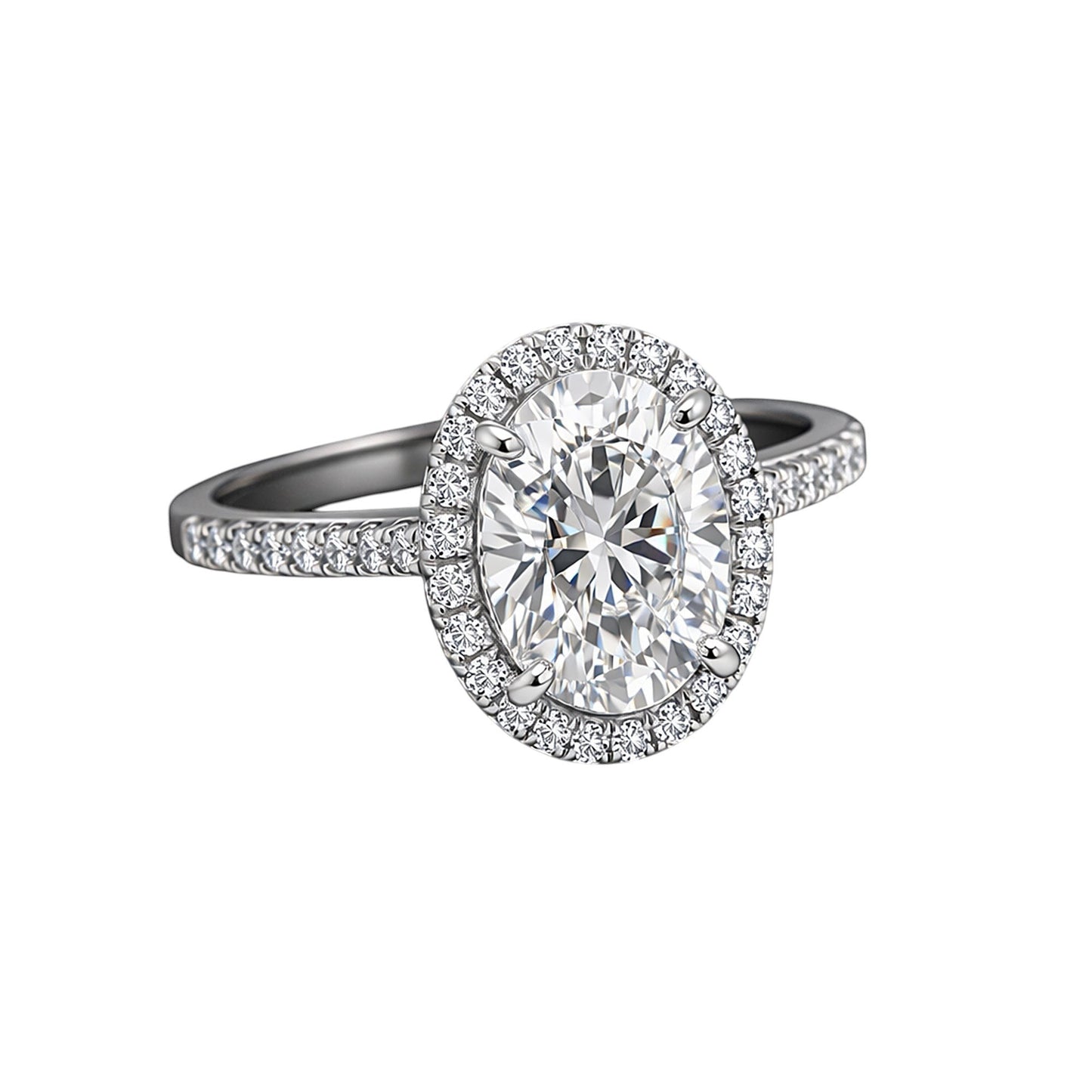 GEMHUB & CO. 3.00 Ct oval cut lab grown diamond ring with VS1 clarity, set in 18k gold vermeil with a halo of smaller diamonds.