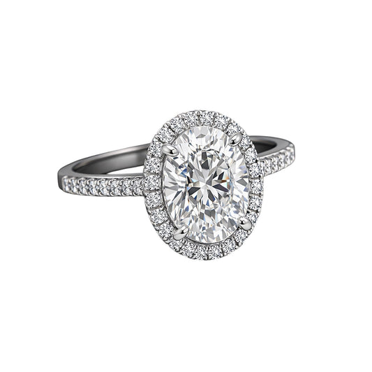 GEMHUB & CO. 3.00 Ct oval cut lab grown diamond ring with VS1 clarity, set in 18k gold vermeil with a halo of smaller diamonds.