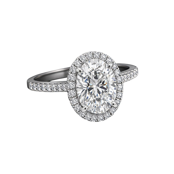 GEMHUB & CO. 3.00 Ct oval cut lab grown diamond ring with VS1 clarity, set in 18k gold vermeil with a halo of smaller diamonds.
