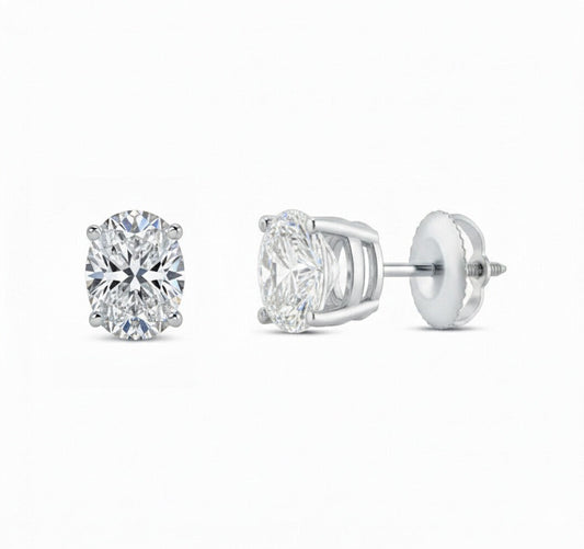 GEMHUB & CO. 1 Ct oval lab-created diamond stud earrings in 14K white gold with screw backs. IGI certified.