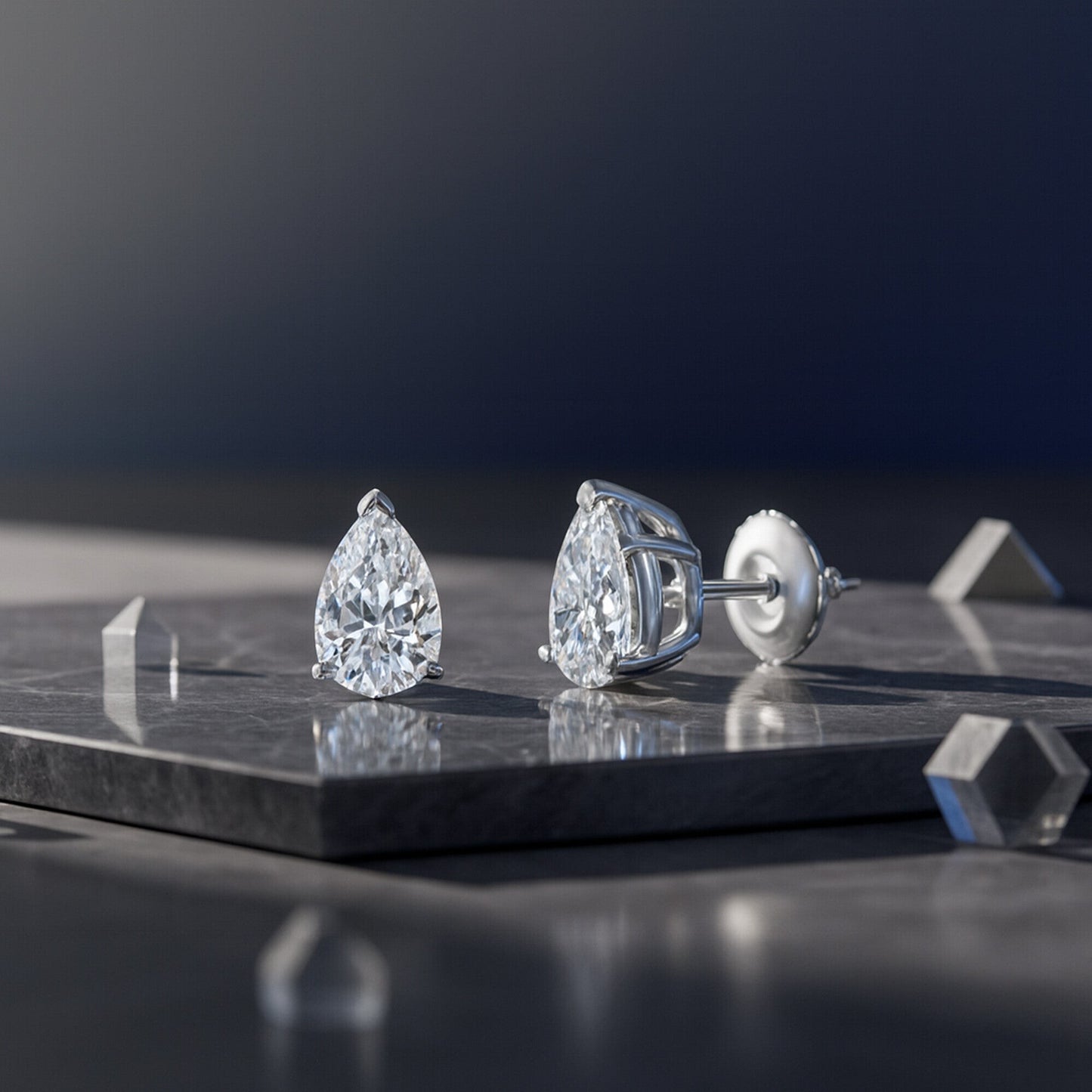 GEMHUB & CO. 14K white gold pear lab-created diamond stud earrings, 3 Ct F/VS, screw back closure.