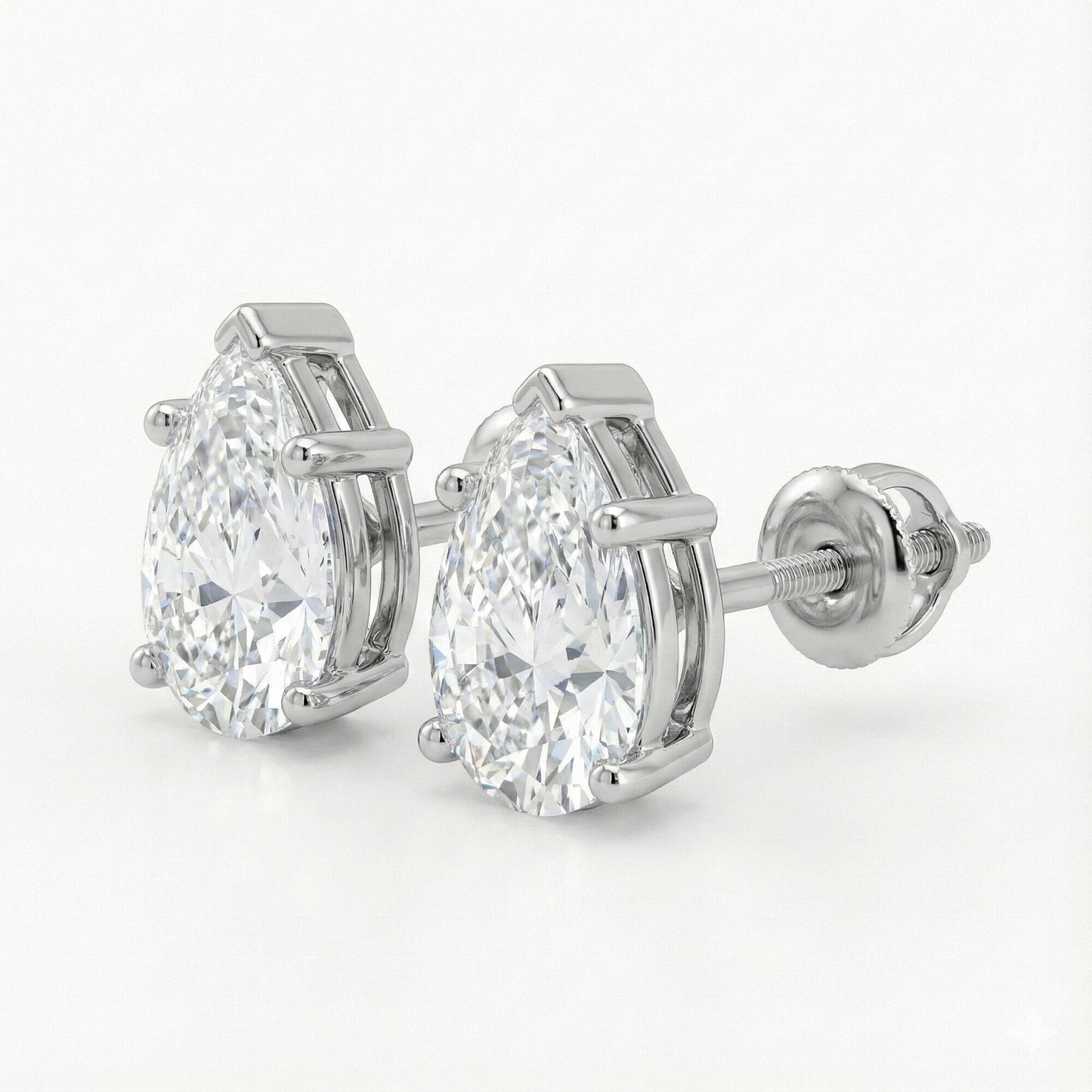 GEMHUB & CO. 14K white gold pear lab-created diamond stud earrings, 3 Ct F/VS, screw back closure.