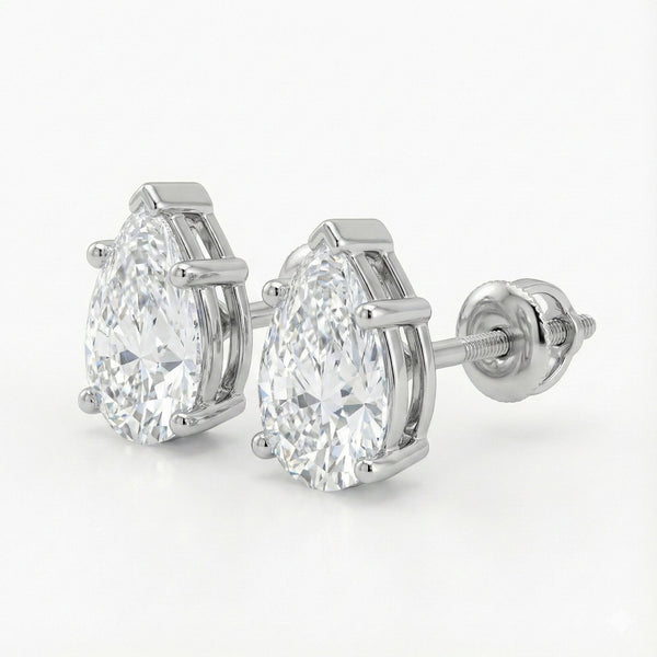 GEMHUB & CO. 14K white gold pear lab-created diamond stud earrings, 3 Ct F/VS, screw back closure.