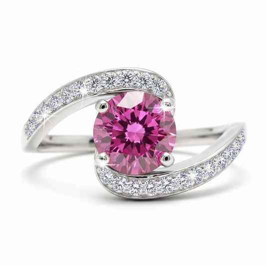 GEMHUB & CO. 1.3ct pink moissanite ring in 18K gold plated vermeil over sterling silver. Solitaire design.
