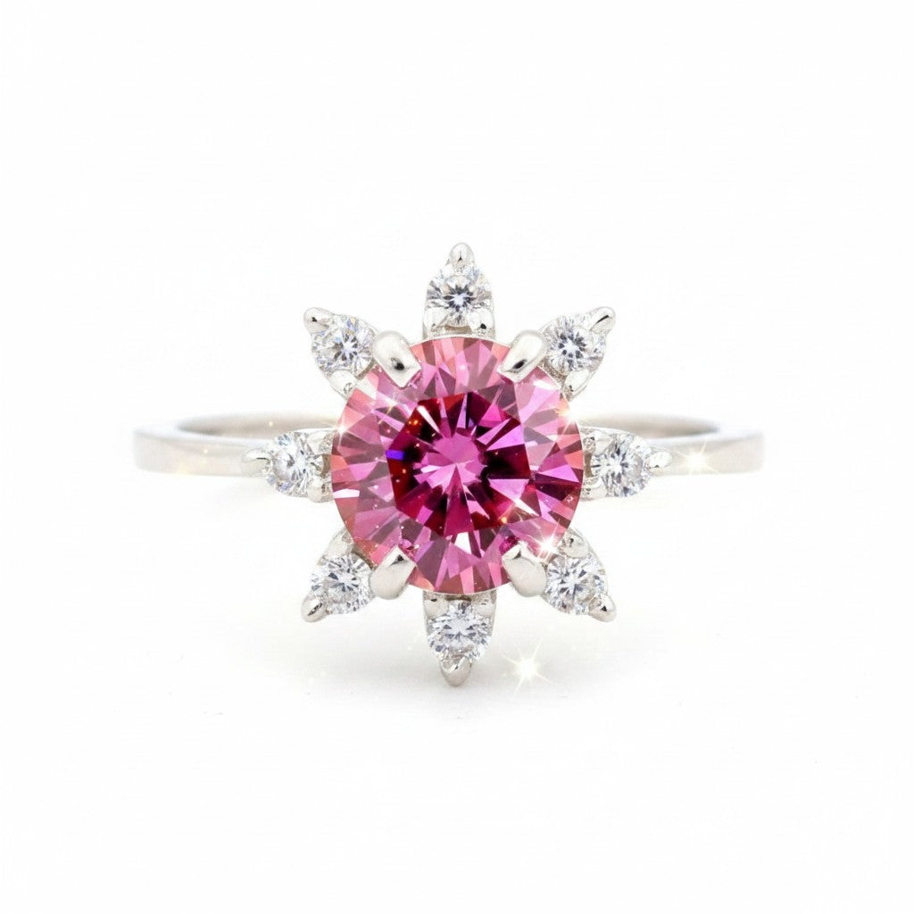 GEMHUB & CO. 2.5ct pink moissanite solitaire ring with surrounding white stones, 18K gold plated vermeil.