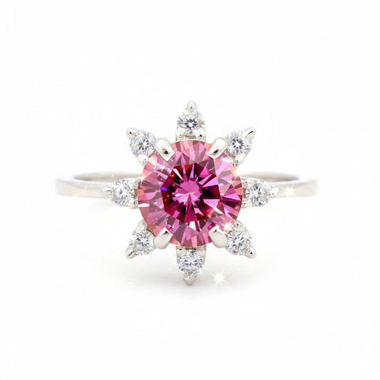 GEMHUB & CO. 2.5ct pink moissanite solitaire ring with surrounding white stones, 18K gold plated vermeil.