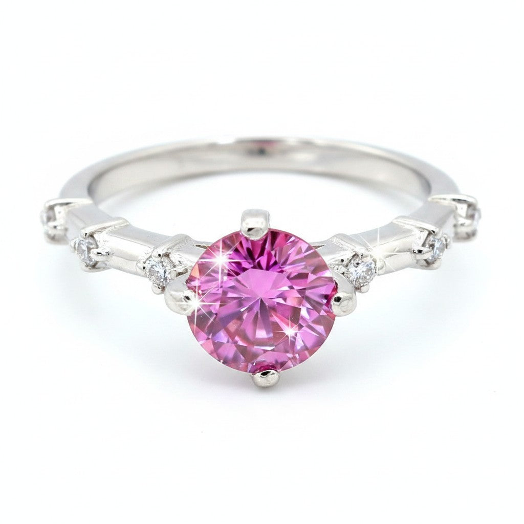 GEMHUB & CO. 1.3ct pink moissanite solitaire ring in 18K gold plated vermeil over sterling silver with accent stones.