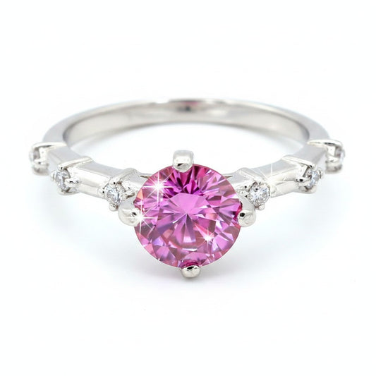 GEMHUB & CO. 1.3ct pink moissanite solitaire ring in 18K gold plated vermeil over sterling silver with accent stones.