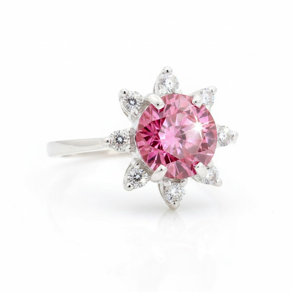 GEMHUB & CO. 2.5ct pink moissanite solitaire ring with surrounding white accent stones, set in 18K gold plated vermeil.