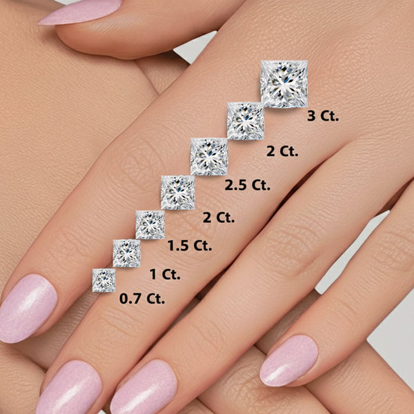 GEMHUB & CO. 1 Ct princess cut lab-created diamond earrings in 950 platinum with screw backs shown on a hand.