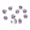 GEMHUB & CO. 5 pairs of oval purple amethyst stud earrings with halo of small white stones in 925 sterling silver.