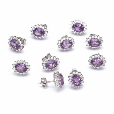 Genuine Purple Amethyst Stud Earrings Set 5 Pairs | 925 Sterling Silver | Gift for Her