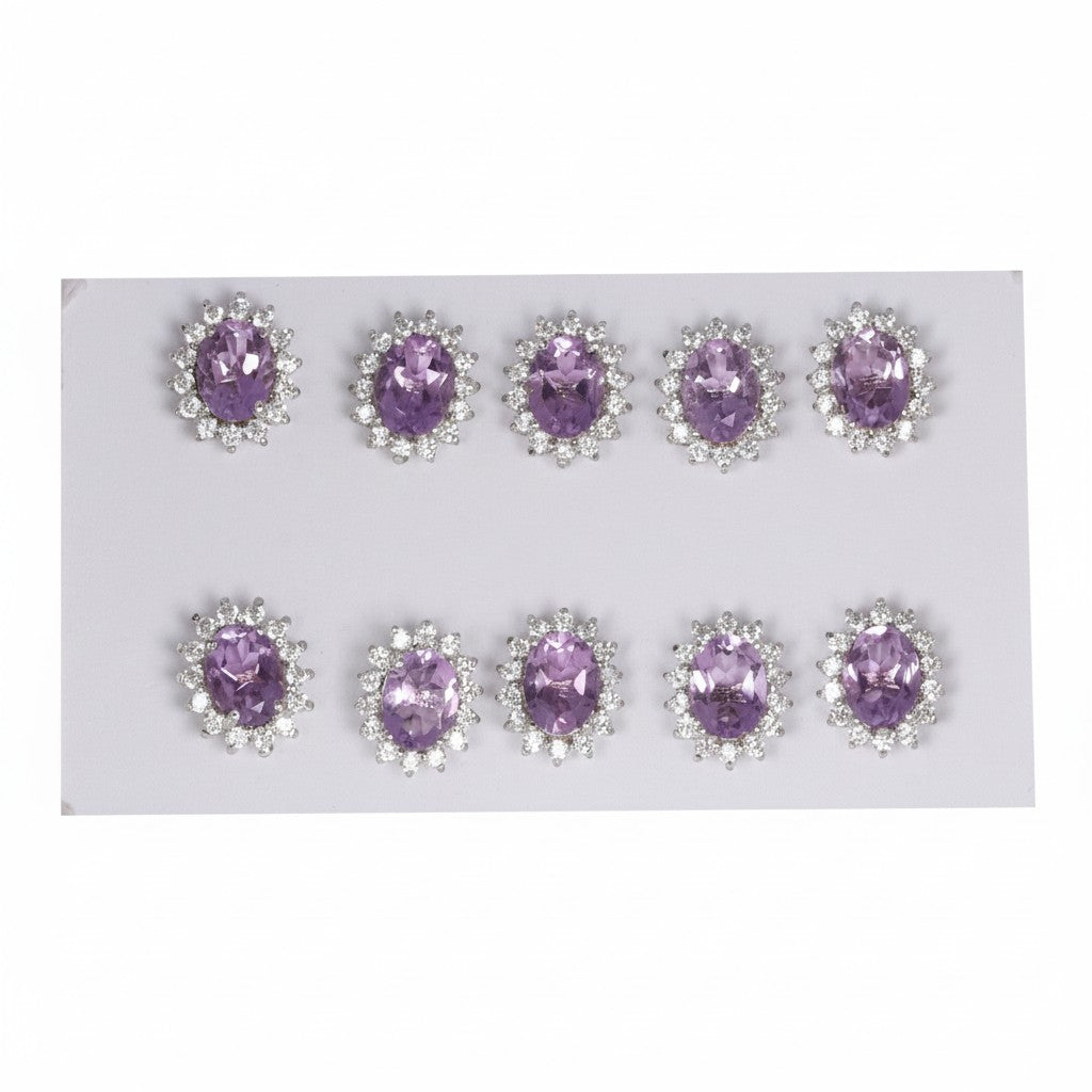 GEMHUB & CO. 5 pairs of oval purple amethyst stud earrings with halo of small white stones, set in 925 sterling silver.
