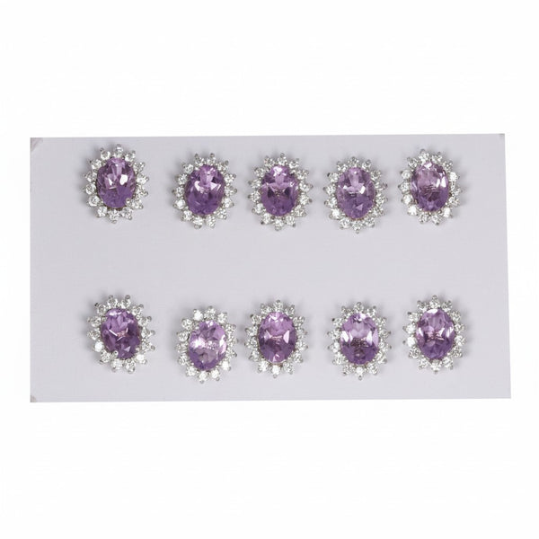 GEMHUB & CO. 5 pairs of oval purple amethyst stud earrings with halo of small white stones, set in 925 sterling silver.