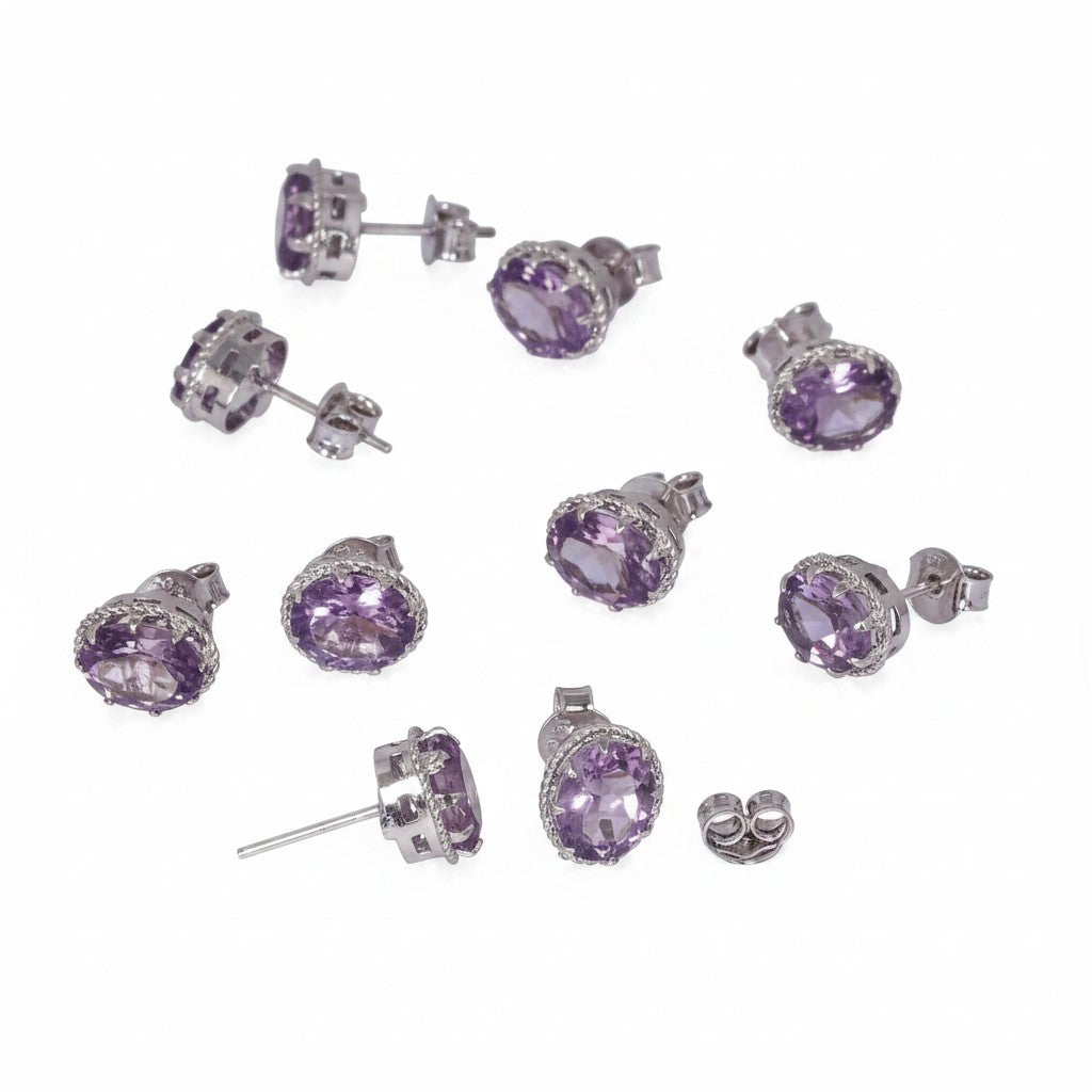 GEMHUB & CO. lot of 5 pairs of oval purple moonstone stud earrings in 925 sterling silver.