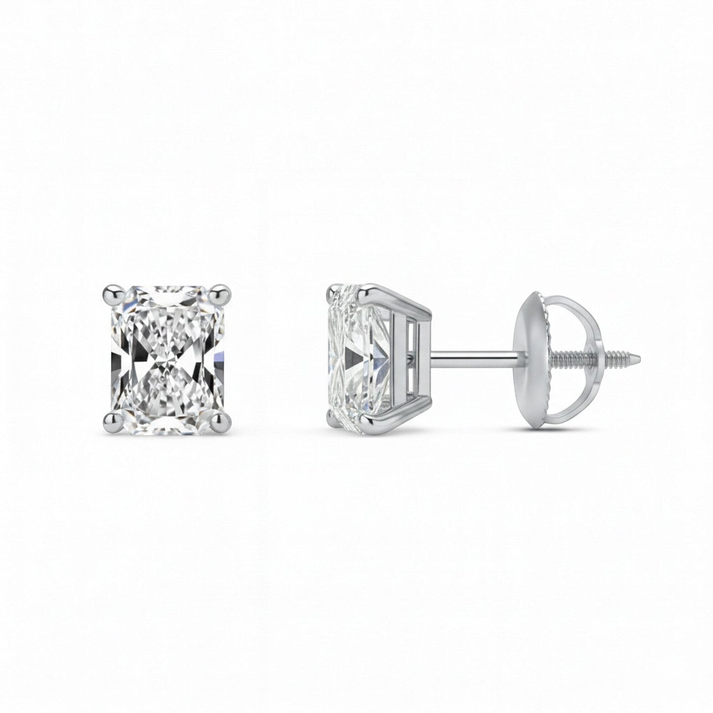 GEMHUB & CO. Radiant cut lab-grown diamond stud earrings in 950 platinum with screw backs, 3 ctw, F/VS clarity.