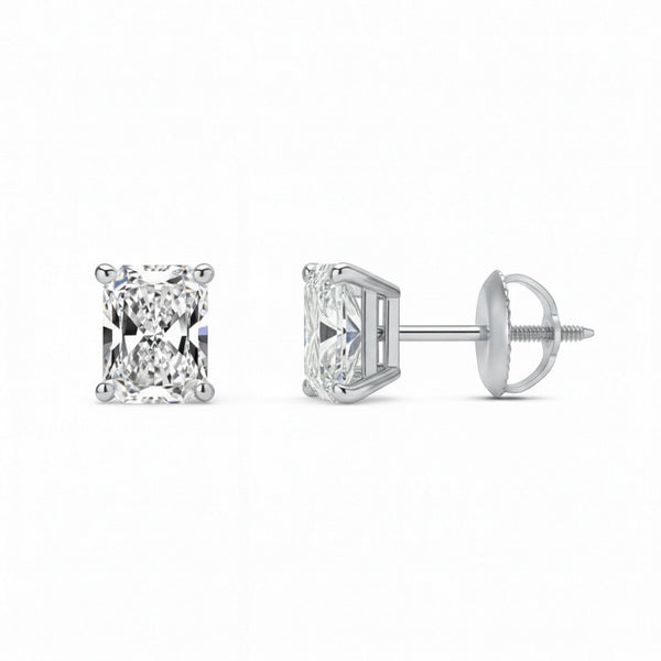 GEMHUB & CO. Radiant cut lab-grown diamond stud earrings in 950 platinum with screw backs, 3 ctw, F/VS clarity.