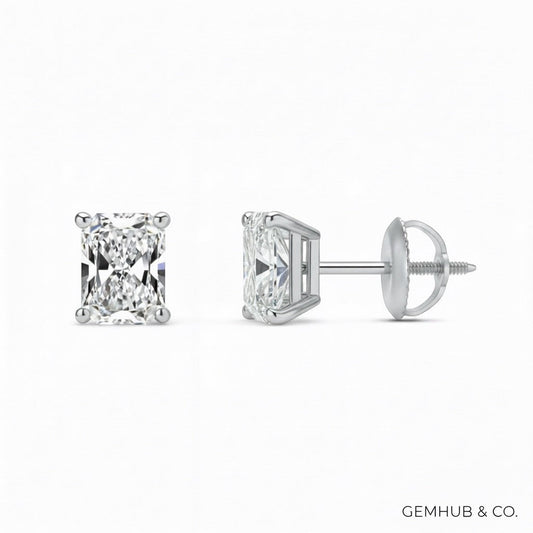 GEMHUB & CO. Radiant cut lab-grown diamond stud earrings in 950 platinum with screw backs, 3 ctw, F/VS clarity.
