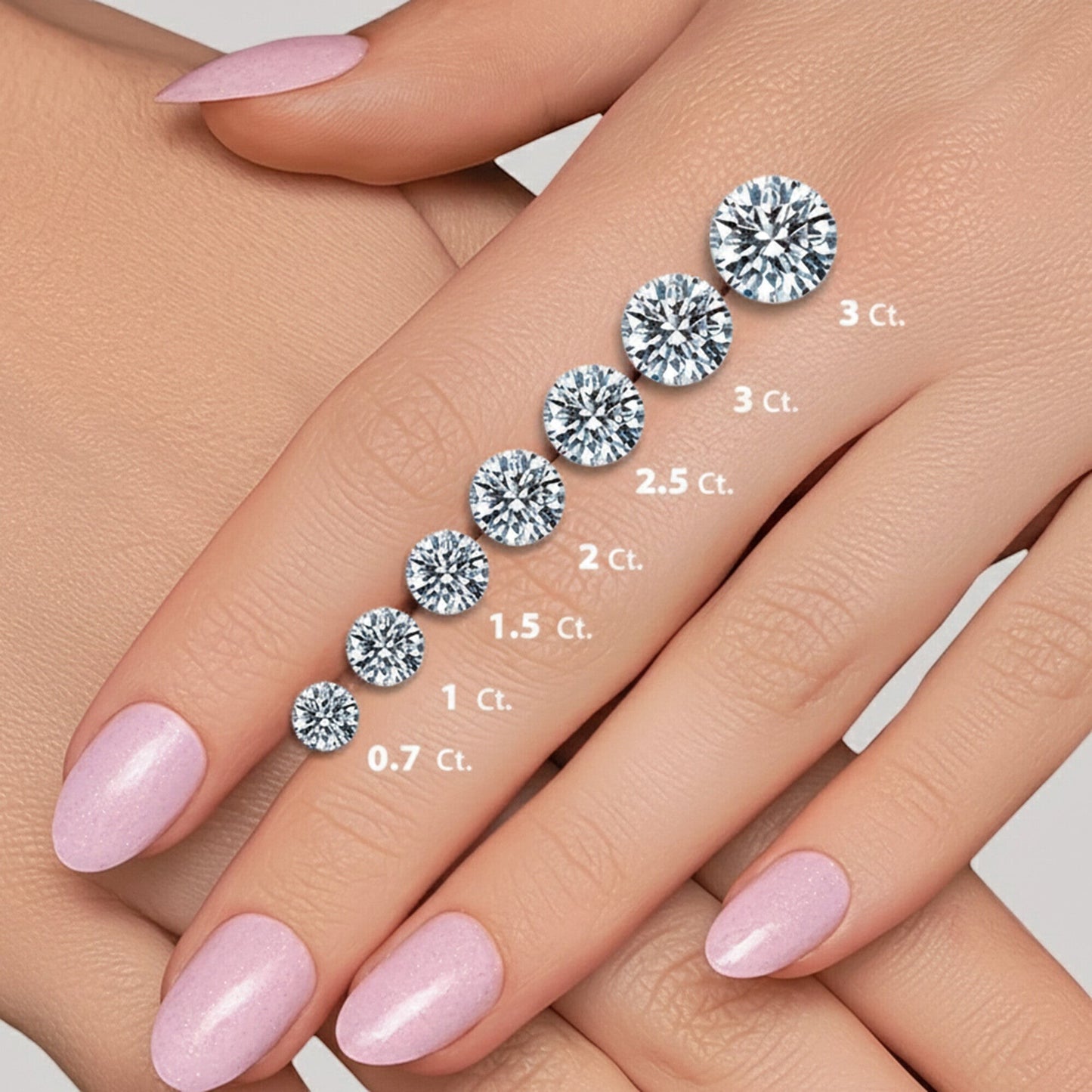 GEMHUB & CO. Round lab-created diamonds in various carat sizes from 0.7 to 3 ct. displayed on a hand.