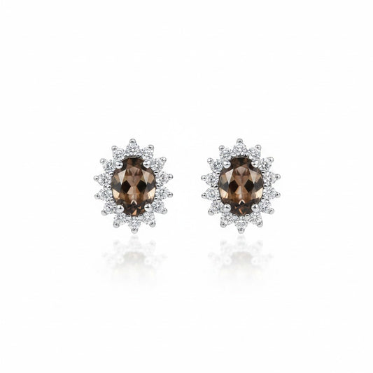 GEMHUB & CO. 10 Ct oval cut smoky topaz earrings with halo of white stones in 925 sterling silver.