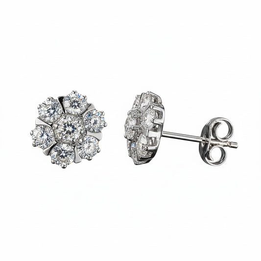 GEMHUB & CO. 10 Ct round cut white topaz cluster stud earrings in 925 sterling silver.